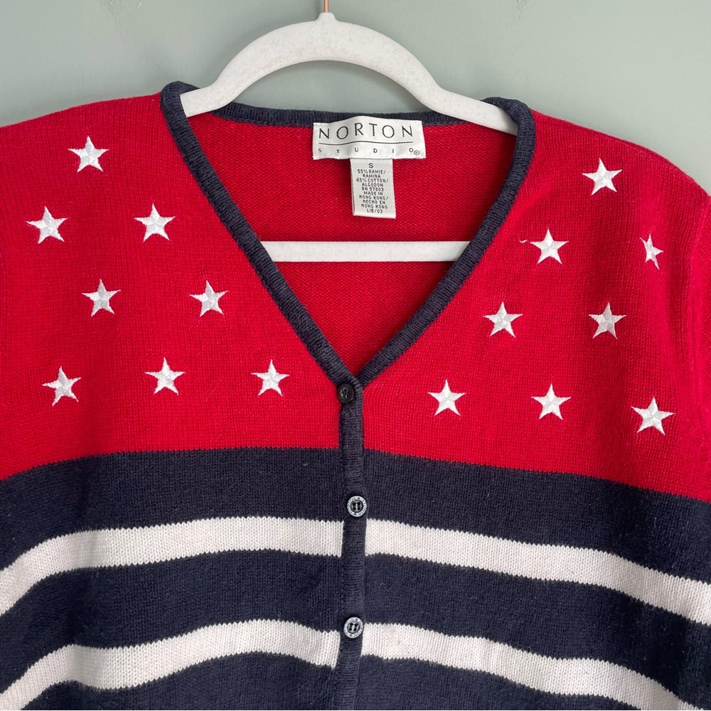 Vintage Norton Studios Red White Blue Americana V-Neck Short Sleeve Cardigan - Picture 4 of 12